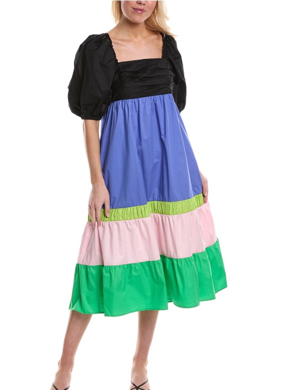 Crosby Emerson Colorblock A-Line Cotton Puff Sleeve Midi Dress New S